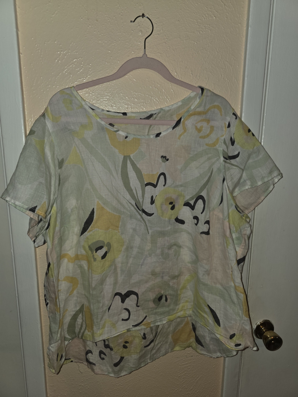 100% Linen Yellow & Grey Floral Watercolor Print Blouse - OS / L